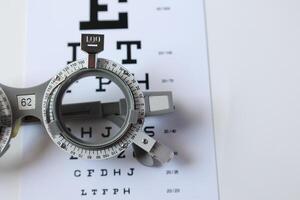 Trial frame glasses for eye test on chart in optical store photo