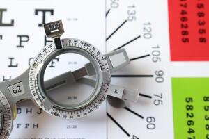 Trial frame glasses for eye test on chart in optical store photo