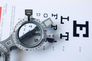 Trial frame glasses for eye test on chart in optical store photo