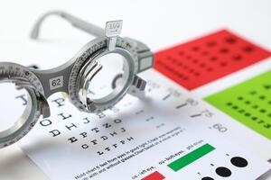 Trial frame glasses for eye test on chart in optical store photo