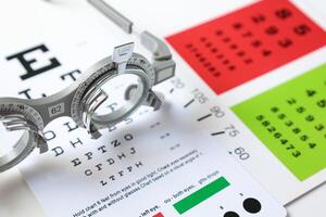 Trial frame glasses for eye test on chart in optical store photo