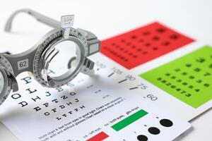 Trial frame glasses for eye test on chart in optical store photo