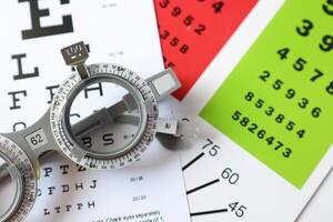 Trial frame glasses for eye test on chart in optical store photo