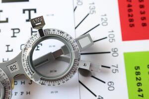 Trial frame glasses for eye test on chart in optical store photo