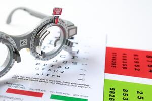 Trial frame glasses for eye test on chart in optical store photo