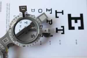 Trial frame glasses for eye test on chart in optical store photo