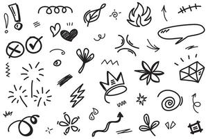 Hand drawn set elements, Abstract arrows, ribbons, hearts, stars, crowns and other elements in a hand drawn style for concept designs. Scribble illustration. vector