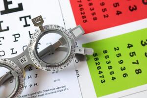 Trial frame glasses for eye test on chart in optical store photo