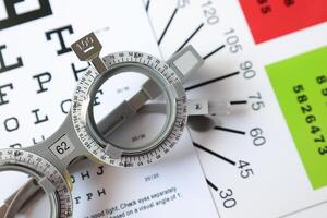 Trial frame glasses for eye test on chart in optical store photo