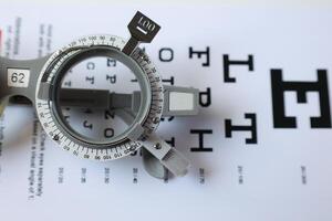 Trial frame glasses for eye test on chart in optical store photo