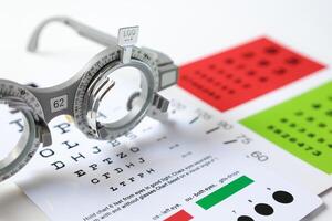 Trial frame glasses for eye test on chart in optical store photo