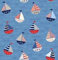 Pattern illustration with sailboats in childish style. Sailboats scattered randomly. vector