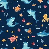 Seabed pattern with sharks, octopuses, turtles, fish and other marine elements. Children's style art. vector