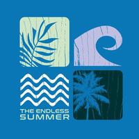 Illustration of waves, leaves and coconut tree in graphic style with text depicting summer. vector