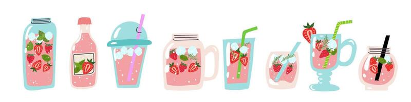 A set of strawberry lemonade. Summer berry refreshing beverage with strawberry and mint. vector