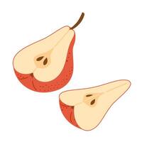 Cut red pear with pear wedge cartoon set. Cross section of cut fresh, juicy red pear, slices fruit, Hand drawn trendy flat style isolated on transparent background illustration vector