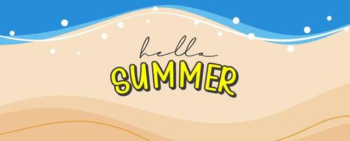 Hello summer banners design hand drawn style. Summer with cartoon sand beach background. vector