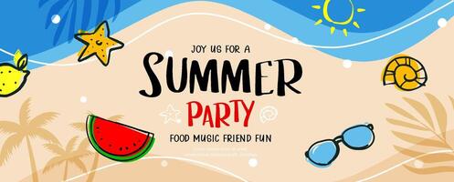 Summer party banner poster with doodle element on beach background. vector