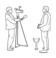 Correspondent, news reporter with microphone taking interview respondent vector