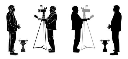 Interviewer, news reporter with microphone taking interview respondent vector