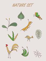 Hand drawn abstract wildflowers and leaves flat icons set. vector