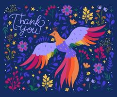Postcard with fantastic bird and flowers and with the thank you. graphics. vector