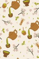 Seamless pattern with green tea and sakura. graphics. vector