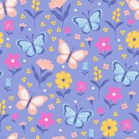 Seamless pattern of butterflies and flowers on a purple background. graphics. vector