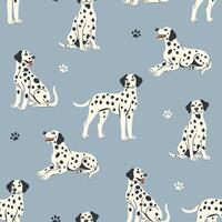 Seamless pattern with Dalmatian dogs and paw prints on a gray-blue background. graphics. vector