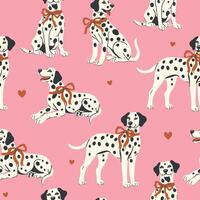 Seamless pattern with Dalmatian dogs with red ribbons on their necks on a pink background. graphics. vector