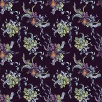 Gothic flowers seamless pattern drawn. Dark botanical print with lily, iris. Black floral watercolor illustration and feathers isolated on black. Element for package, wedding, Valentine background. vector