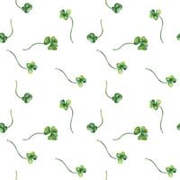 Shamrock and clover watercolor seamless pattern isolated on white background. Painted green four leaves. Hand drawn Celtic symbol. Design for St. Patrick day decoration, textile, wrapping, paper vector