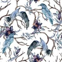 Mystical seamless pattern with watercolor crow isolated on white. Autumn winter woodland with black bird. Dark forest with dry branches and botanical flowers hand drawn. For package, textile, paper vector