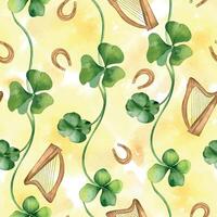 Shamrock and horseshoes seamless pattern on orange watercolor backdrop. Painted clover and harp. Hand drawn Celtic symbol. Design for St. Patrick day decoration, textile, wrapping, paper. vector