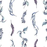 Black Gray feathers and leaves seamless pattern isolated on white background. Gothic floral background hand drawn. Dark Wedding Decoration in vintage style. Element for invitation, backdrop, paper vector
