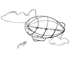 Retro airship in the sky black and white illustration isolated. Dirigible ink silhouette hand drawn. Zeppelin aircraft and clouds in contour. Simple cartoon transport coloring. Bird outline vector