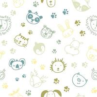 Colorful simple faces animals seamless pattern doodle style. Childish background, texture for textile, fabric, wrapping. Flat graphic illustration vector