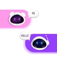 Robots Chat bot chatting in dialog boxes. illustration. Friendly Chatbots with speech bubbles communicate with each other. Artificial intelligence bots.Virtual support and communication concept vector