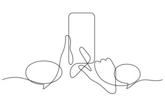hand using smartphone online messaging chat continuous line vector