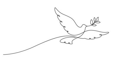 white dove flying with olive branch one line continuous vector