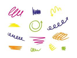 Doodle arrows, spring and spiral set, hand drawn coil icons. Scribble lines, swirls arrows, scrawls. Doodle color drawing. Direction pointers. vector