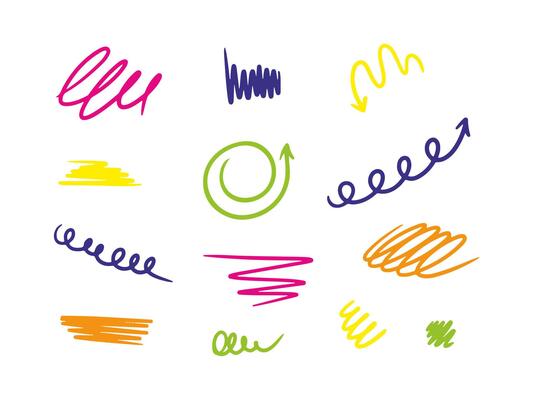 Doodle arrows, spring and spiral set, hand drawn coil icons. Scribble lines, swirls arrows, scrawls. Doodle color drawing. Direction pointers.