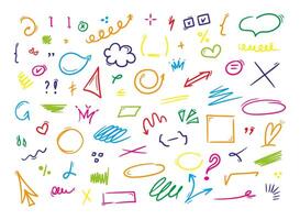 Hand drawn underlines, speech bubbles, arrows, strokes. Color sketch emphasis by pen, pencil or marker. Design elements set. vector
