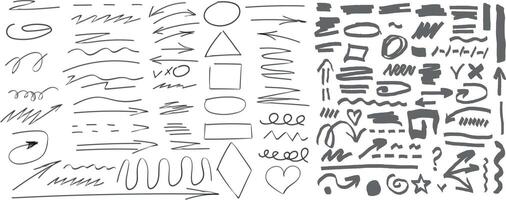 Hand drawn sketch black marker, brushed signs, arrows, lines, shapes, handwritten, design elements set isolated on white background. illustration vector