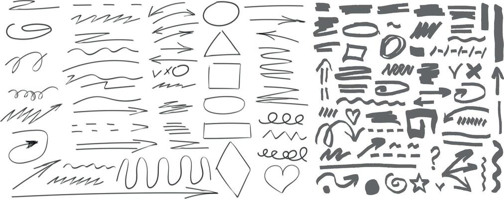 Hand drawn sketch black marker, brushed signs, arrows, lines, shapes, handwritten, design elements set isolated on white background. illustration