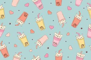 Bubble milk tea funny seamless pattern. Hand drawn kawaii smiled drinks with tapioca pearls. Cute cartoon illustration. Colorful background with ice tea characters. vector