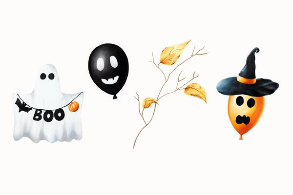 Watercolor Halloween balloons and cute ghost illustration with scary faces and tree branch with golden foliage. Hand painting orange, black, white balloon sketch isolated on white background. For