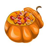 image of a pumpkin, in the form of a pot, filled with vegetables, ready to be served. EPS 10 vector