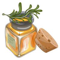 image of a vessel with vegetable oil and a sprig of marinade, as piquant complementary to each other. EPS 10 vector