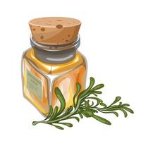 image of a vessel with vegetable oil and a sprig of marinade, as piquant complementary to each other. EPS 10 vector